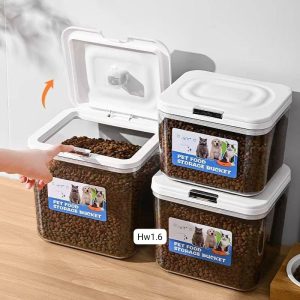 Pet food storage bucket.