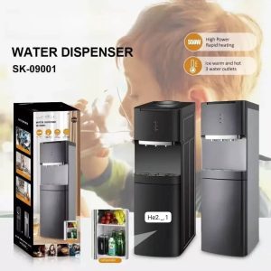 Sokany 3 outlet water dispenser with small refrigerator storage cabinet.